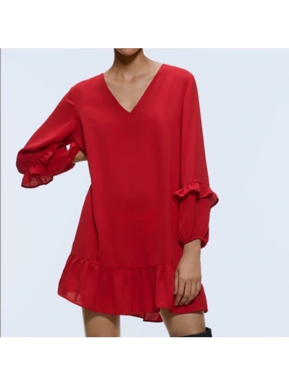 Zara Red V-Neck Ruffle Mini Dress - Picture 2 of 9